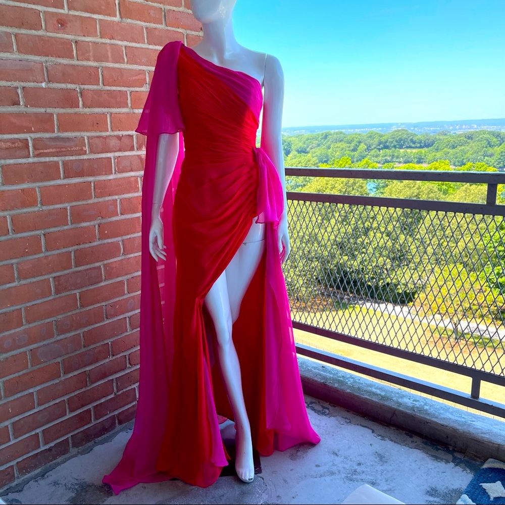 Chiffon Side Slit Evening Dress - Red/Pink (Size 4)